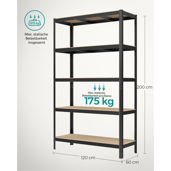 Estante 5 níveis, estrutura em aço, montagem sem ferramentas, carga ~875 kg, 60 x 120 x 200 cm, cor preta - Image 7