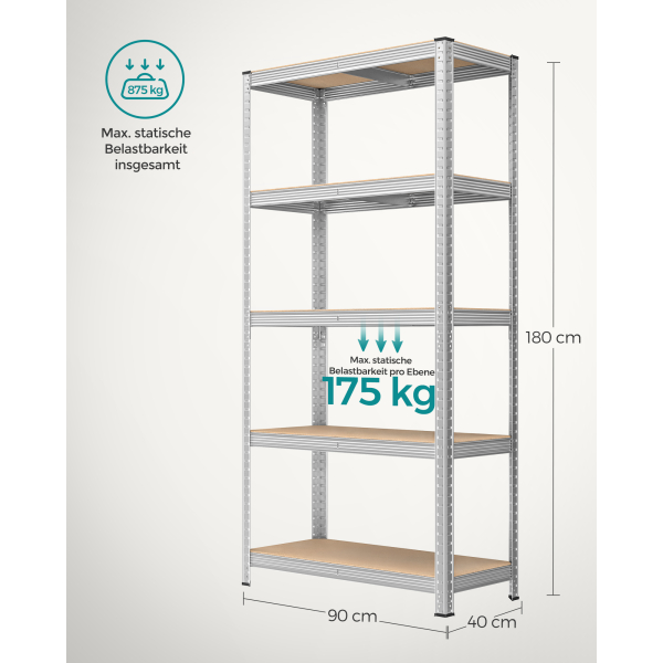 Estante 5 níveis, aço, montagem sem ferramentas, ~875 kg, 40 x 90 x 180 cm, cor prateada - Image 7