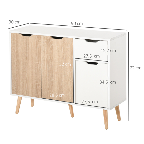 HOMCOM Aparador Móvel Auxiliar de Armazenamento com 2 Armários de Porta Gaveta Pés de Madeira para Sala de Estar Cozinha Dormitório 90x30x72cm Natural e Branco - Image 3