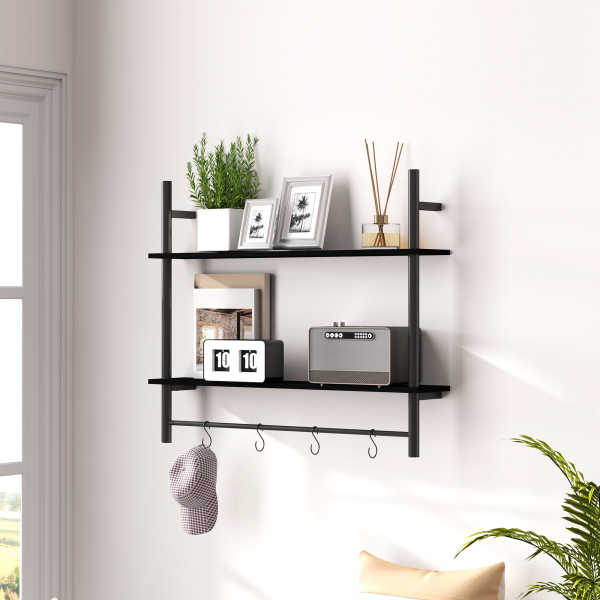 HOMCOM Estante de Parede de 2 Níveis Estante Suspensa com 4 Ganchos 2 Prateleiras e Estrutura de Metal 80x24x65 cm Preto - Image 2