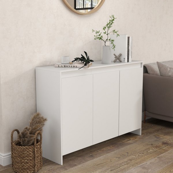 HOMCOM Móvel Aparador com 3 Portas Prateleiras Ajustáveis ​​e Suporte com Fecho Suave para Televisores 120x35x85 cm Branco - Image 2