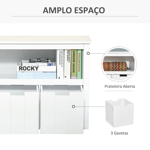 HOMCOM Aparador de Sala de Estar Armário Auxiliar de Armazenamento Moderno com Prateleira Aberta e 3 Gavetas para Dormitório Sala de Estar 102x33x61,5cm Branco - Image 4