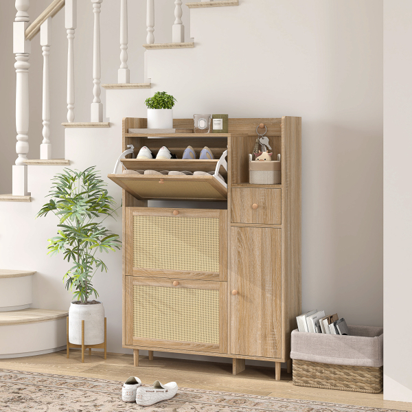 HOMCOM Móvel Sapateira com 3 Gavetas com Frente em Vime para 12 Pares de Sapatos Prateleiras Ajustáveis 80x23x120 cm Carvalho - Image 2