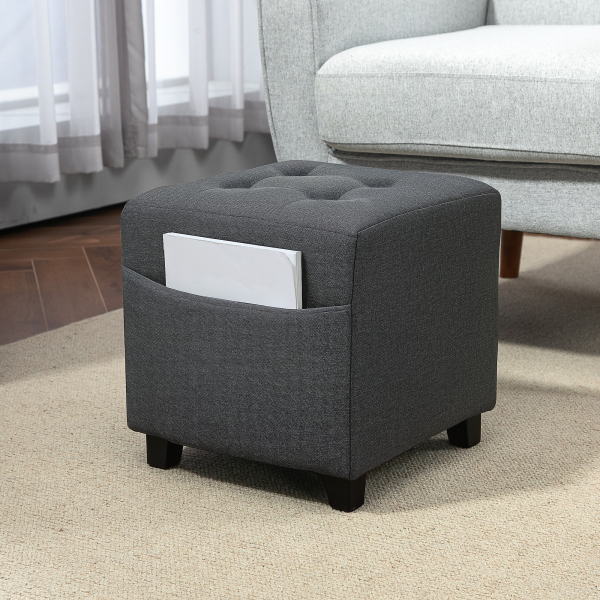 HOMCOM Apoio para os Pés Sala de Estar Banco Estofado em Linho com Bolso Lateral Tampa com Botões  35x35x35 cm Cinzento - Image 2