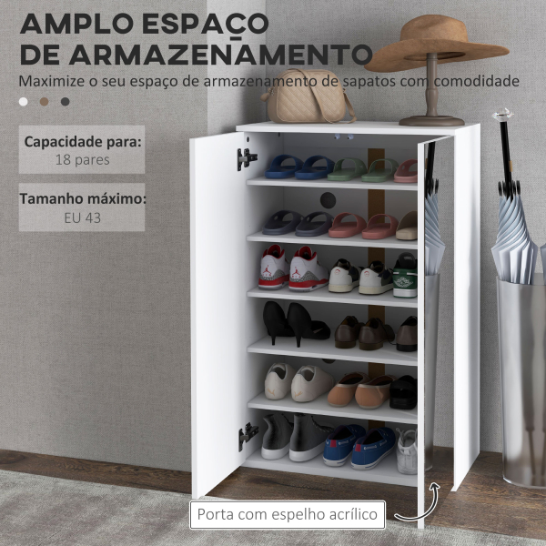 HOMCOM Sapateira com Espelho Móvel Sapateira para 18 Pares de Sapatos com Prateleiras Ajustáveis 60x32x95 cm Branco - Image 4