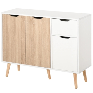 HOMCOM Aparador Móvel Auxiliar de Armazenamento com 2 Armários de Porta Gaveta Pés de Madeira para Sala de Estar Cozinha Dormitório 90x30x72cm Natural e Branco