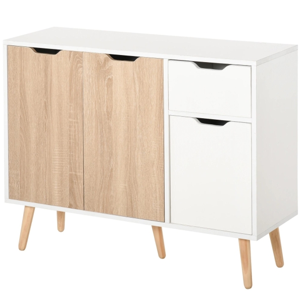 HOMCOM Aparador Móvel Auxiliar de Armazenamento com 2 Armários de Porta Gaveta Pés de Madeira para Sala de Estar Cozinha Dormitório 90x30x72cm Natural e Branco