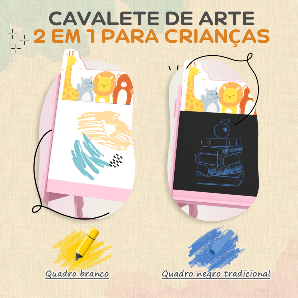 AIYAPLAY Cavalete para Crianças 2 em 1 Arsósia Infantil com Dupla Face 2 Caixas de Arrumação com Estampa em Animais 49x53,5x113 cm Rosa - Image 4