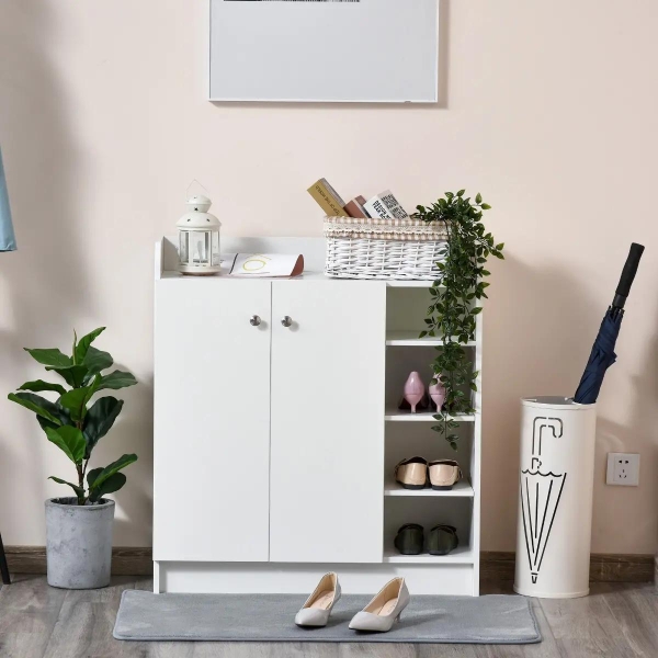 HOMCOM Sapateira Armário Multiuso com 2 Portas Prateleiras Interiores e 4 Prateleiras Exteriores com Altura Ajustável 83x30x90 cm Branco - Image 2