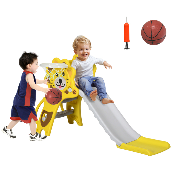 AIYAPLAY Escorrega para Crianças 2 em 1 com 2 Degraus Cesta de basquetebol e Desenho de Leão para Interior 131x50x74 cm Amarelo e Cinza