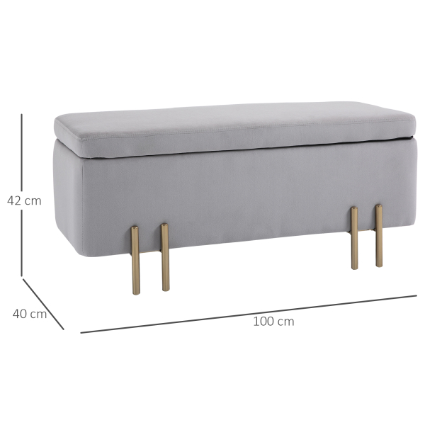 HOMCOM Banco Pé de Cama para Dormitório 70L em Veludo Pés de Metal para Entrada Sala de Estar 100x40x42 cm Cinza Claro - Image 3