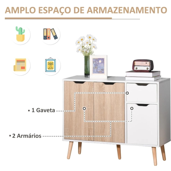 HOMCOM Aparador Móvel Auxiliar de Armazenamento com 2 Armários de Porta Gaveta Pés de Madeira para Sala de Estar Cozinha Dormitório 90x30x72cm Natural e Branco - Image 4