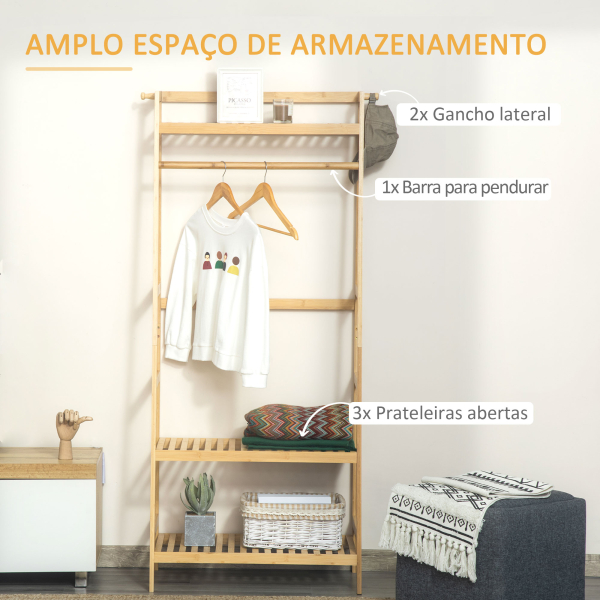 HOMCOM Suporte para Cabides de Bambu Cabideiro com Prateleira de 3 Níveis com Barra e Cabide Lateral 70x42x164cm Madeira - Image 4