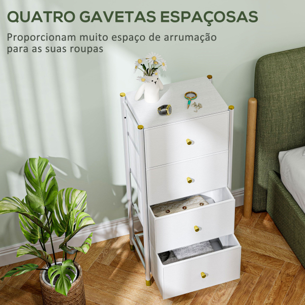 HOMCOM Cómoda para Dormitório Cómoda de Tecido com 4 Gavetas Dobráveis com Frentes de Couro PU 46x30x98 cm Branco - Image 4