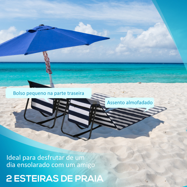 Outsunny Conjunto de 2 Esteiras de Praia Dobrável Esteiras Acolchoadas com Encosto Reclinável  142x51x40 cm Branco e Azul - Image 4