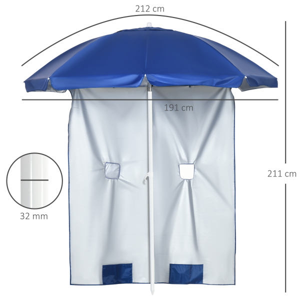 Outsunny Chapéu de Sol de Praia com Painel Lateral Manivela Manual Teto Inclinável 2 Bolsos e 2 Janelas Ø191x211 cm Azul - Image 3