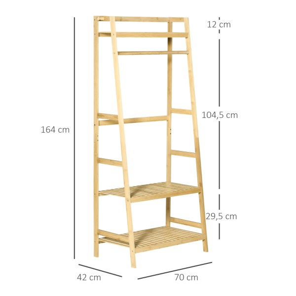 HOMCOM Suporte para Cabides de Bambu Cabideiro com Prateleira de 3 Níveis com Barra e Cabide Lateral 70x42x164cm Madeira - Image 3