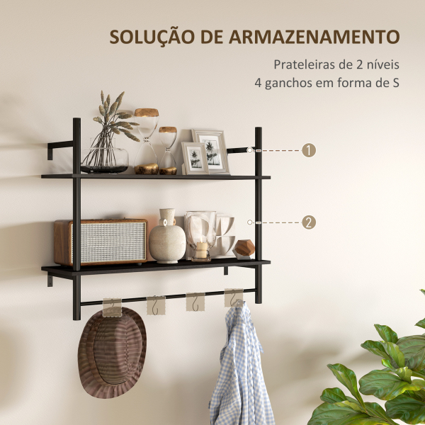 HOMCOM Estante de Parede de 2 Níveis Estante Suspensa com 4 Ganchos 2 Prateleiras e Estrutura de Metal 80x24x65 cm Preto - Image 4