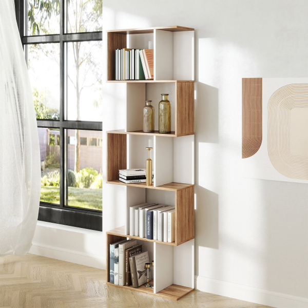 HOMCOM Estante para Livros Estante Alta de Parede com 5 Níveis em Forma de S Desenho Moderno 60x24x184,5cm Branco e Madeira - Image 2