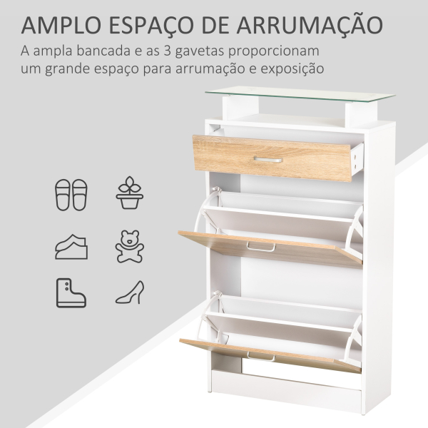HOMCOM Sapateira de 2 Portas Sapateira Estreito para 12 Pares de Sapatos com Gaveta e Bancada de Vidro  60x24x105,5cm Branco - Image 4