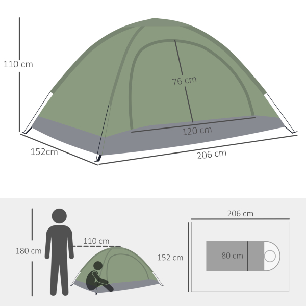 Outsunny Tenda de Campismo 2 Pessoas Dobrável com 2 Janelas de Malha Bolso Interior Bolsa de Transporte 206x152x110 cm Verde - Image 3