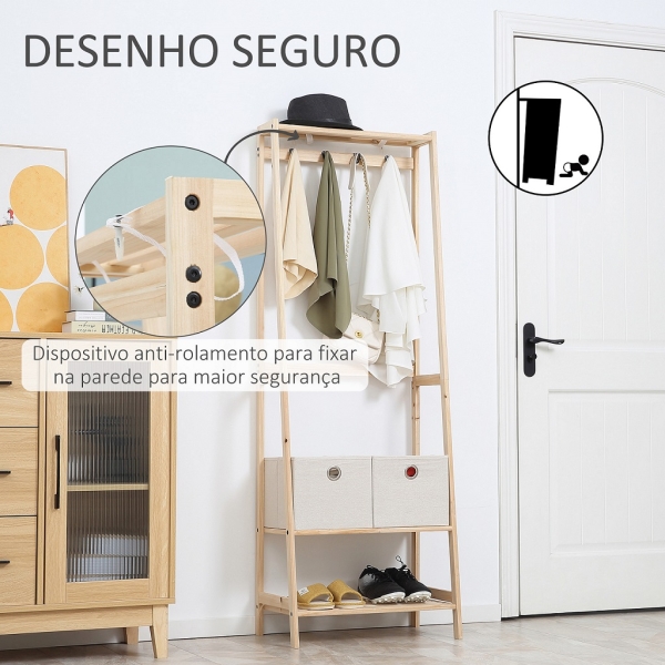 HOMCOM Suporte para Cabides de Madeira 2 Prateleiras Cabide com 2 Gavetas de Tecido 4 Ganchos e Barra para Pendurar 58x36x168cm Madeira - Image 4