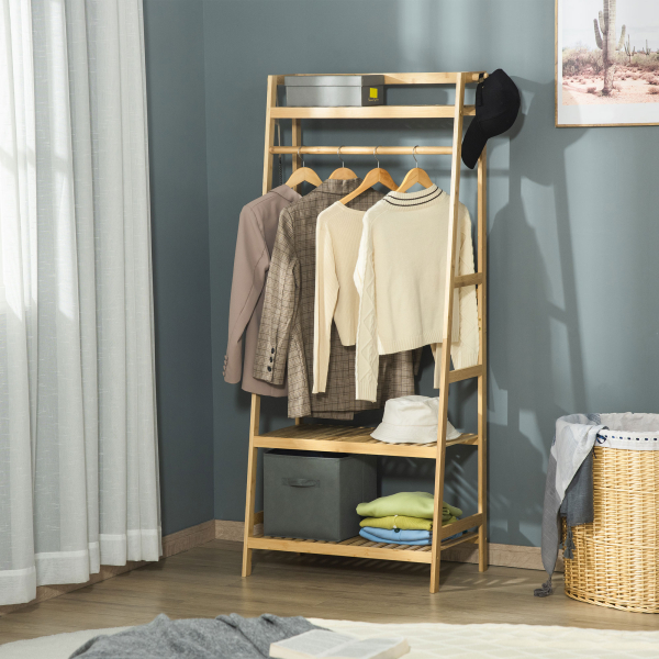 HOMCOM Suporte para Cabides de Bambu Cabideiro com Prateleira de 3 Níveis com Barra e Cabide Lateral 70x42x164cm Madeira - Image 2