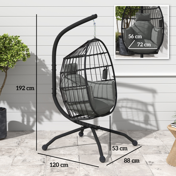 Outsunny Cadeira Suspensa com Suporte Cadeira Baloiço de Jardim com Cesto Dobrável Almofada e Apoio para a Cabeça 120x88x192 cm Preto - Image 3