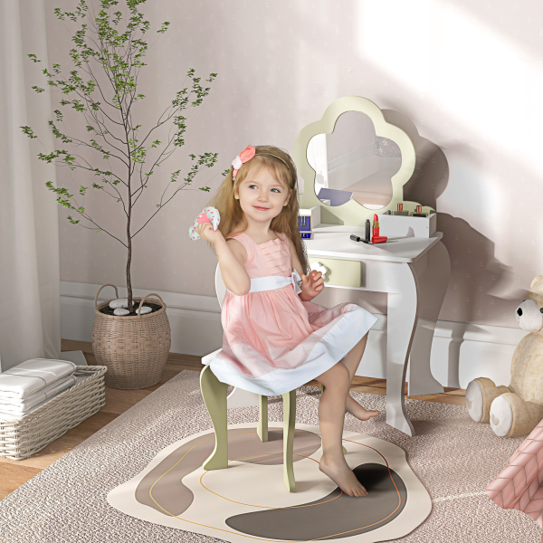ZONEKIZ Toucador Crianças com Espelho e Banco Toucador de Maquilhagem para Crianças de 3-6 Anos 55x34x87,5 cm Branco e Verde Pastel - Image 2