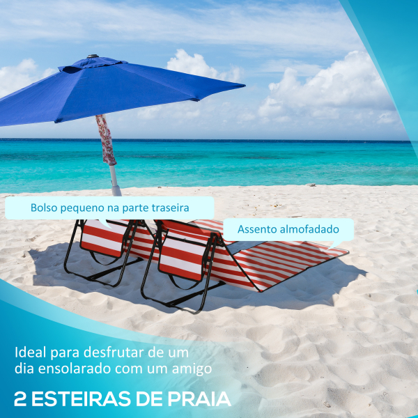 Outsunny Conjunto de 2 Esteiras de Praia Dobrável Esteiras Acolchoadas com Encosto Reclinável  142x51x40 cm Branco e Vermelho - Image 4