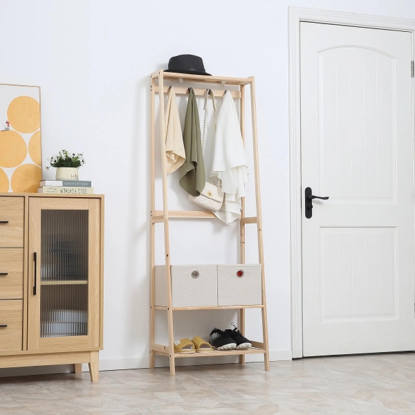 HOMCOM Suporte para Cabides de Madeira 2 Prateleiras Cabide com 2 Gavetas de Tecido 4 Ganchos e Barra para Pendurar 58x36x168cm Madeira - Image 2