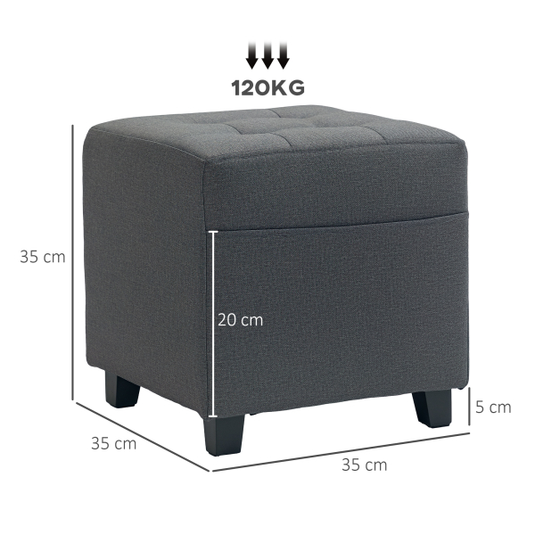 HOMCOM Apoio para os Pés Sala de Estar Banco Estofado em Linho com Bolso Lateral Tampa com Botões  35x35x35 cm Cinzento - Image 3