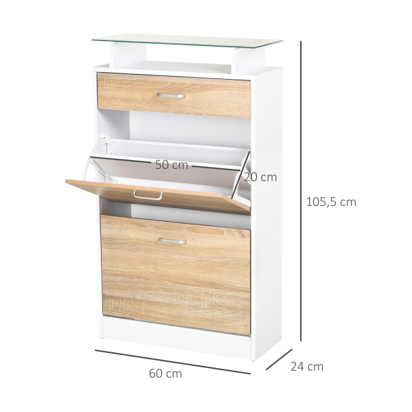 HOMCOM Sapateira de 2 Portas Sapateira Estreito para 12 Pares de Sapatos com Gaveta e Bancada de Vidro  60x24x105,5cm Branco - Image 3