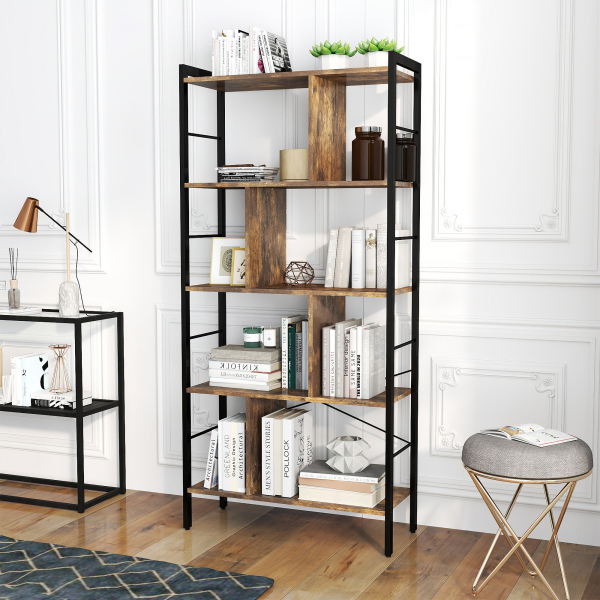 HOMCOM Estante para Livros de 4 Níveis com 8 Compartimentos de Armazenamento Estilo Industrial para Sala de Estar Escritório Dormitório 74x30x157,5cm Marrom Rústico - Image 2