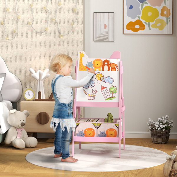 AIYAPLAY Cavalete para Crianças 2 em 1 Arsósia Infantil com Dupla Face 2 Caixas de Arrumação com Estampa em Animais 49x53,5x113 cm Rosa - Image 2