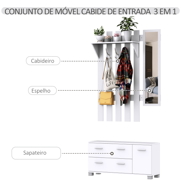 HOMCOM Móvel Cabide de Entrada com Espelho Ganchos e Sapateira Móvel de Entrada com 3 Ganchos Prateleira e 2 Gavetas Branco - Image 4
