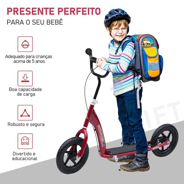 HOMCOM Trotinete para Crianças acima de 5 anos Scooter de 2 Rodas Grandes de 12 Polegadas com Freio e Guidão Ajustável em Altura Carga Máx. 100kg 120x52x80-88cm Vermelho - Image 4