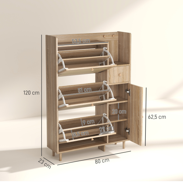 HOMCOM Móvel Sapateira com 3 Gavetas com Frente em Vime para 12 Pares de Sapatos Prateleiras Ajustáveis 80x23x120 cm Carvalho - Image 3