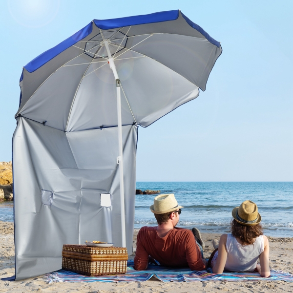 Outsunny Chapéu de Sol de Praia com Painel Lateral Manivela Manual Teto Inclinável 2 Bolsos e 2 Janelas Ø191x211 cm Azul - Image 2