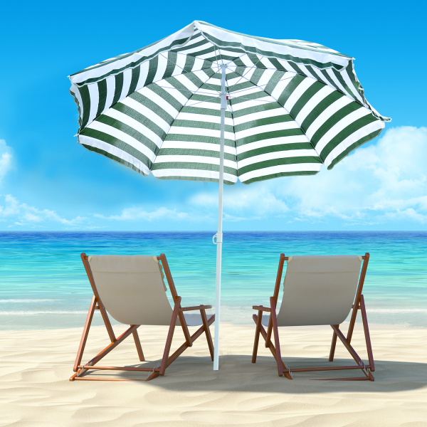 Outsunny Chapéu de Sol de Praia Ø180cm com Teto Inclinável e Mastro de Metal Proteção Solar para Jardim Terraço Exterior Listras Verdes e Branco - Image 2