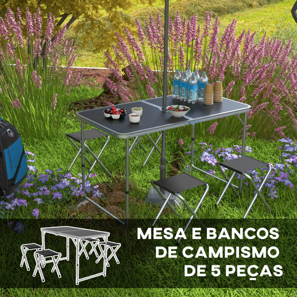 Outsunny Conjunto de Campismo de 5 Peças Mesa Dobrável com Assentos Inclui 1 Mesa Ajustável em Altura com Orifício e 4 Assentos Preto - Image 4