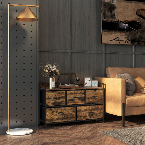 HOMCOM Cómoda com 5 Gavetas de Tecido Cómoda de Estilo Industrial com Estrutura Metálica para Quarto 98x29x63 cm Castanho Rústico - Image 2