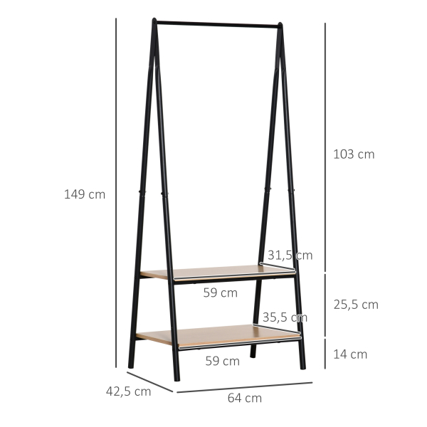 HOMCOM Suporte para Cabides com 2 Prateleiras de Armazenamento Barra para Pendurar e Estrutura de Aço 64x42,5x149 cm Preto - Image 3