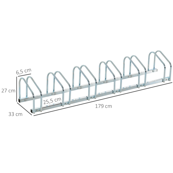 HOMCOM Estacionamento para 6 Bicicletas Suporte de Aço para Estacionar Bicicletas no Chão para Interior e Exterior 179x33x27 cm Prata - Image 3