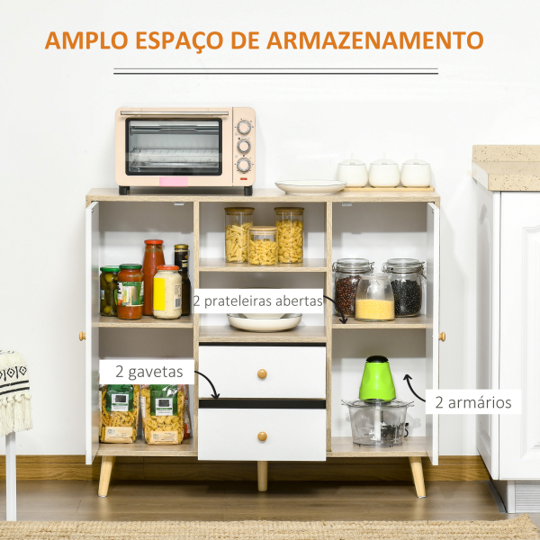 HOMCOM Aparador de Sala de Estar com 2 Portas 2 Gavetas e 2 Prateleiras Abertas Móvel Auxiliar de Armazenamento para Cozinha Entrada 100x30x85cm Branco e Natural - Image 4