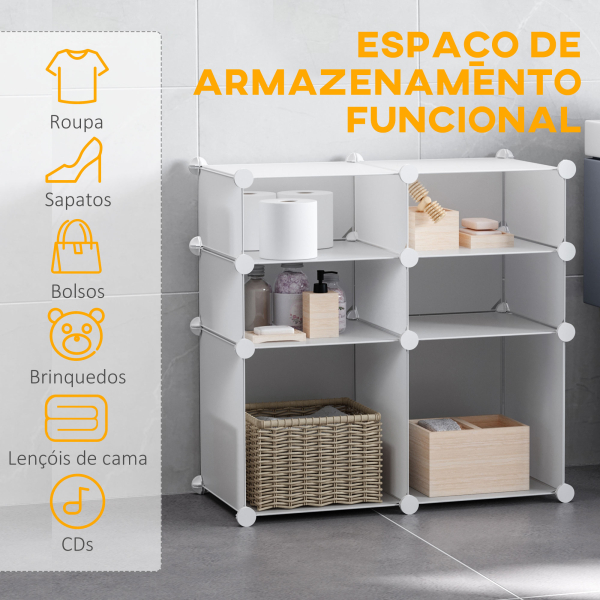 HOMCOM Armário Modular de Plástico Armário Modular com 6 Cubos Organizador de Roupas Sapatos Brinquedos 75x37x73cm Branco - Image 5