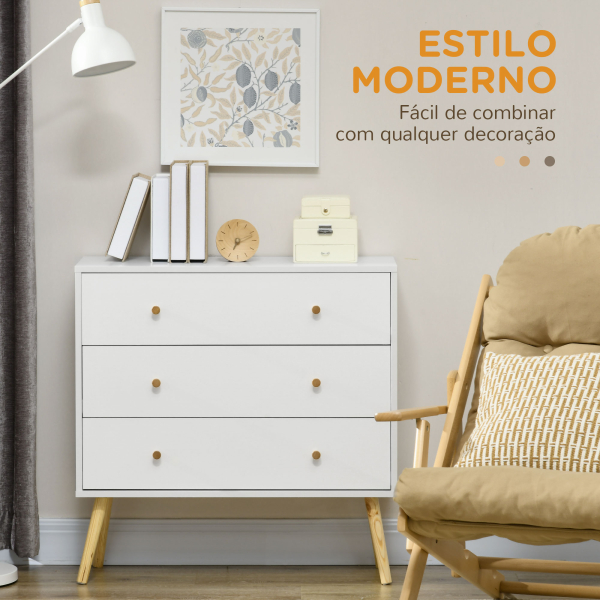 HOMCOM Cómoda com 3 Gavetas com Pés de Madeira de Pinho para Sala de Estar Escritório 80x30x80 cm Branco e Madeira - Image 4
