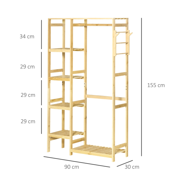 HOMCOM Suporte para Cabides de Bambu Cabideiro com Prateleiras de 4 Níveis com Barra Prateleira Inferior e Cabide Lateral 90x30x155cm Madeira - Image 3
