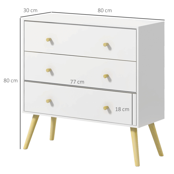 HOMCOM Cómoda com 3 Gavetas com Pés de Madeira de Pinho para Sala de Estar Escritório 80x30x80 cm Branco e Madeira - Image 3