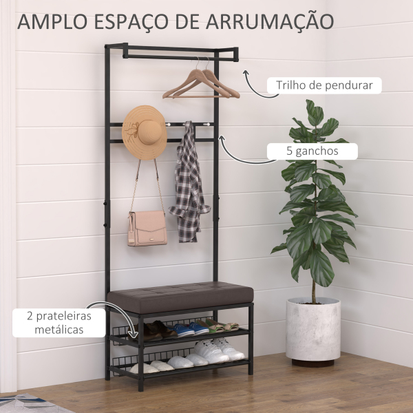HOMCOM Móvel Cabide de Entrada com Assento Acolchoado e Sapateira Armário de Entrada com Cabides 72,5x35x180cm Preto - Image 4